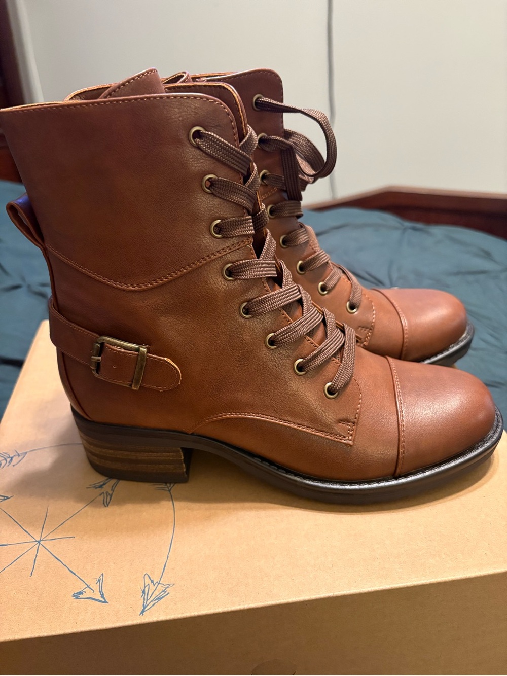 Indigo Cognac Brown Lace-Up Leather-Style Boots with Side Buckle - Picture 3 of 6